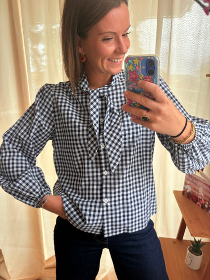 Chemise à Carreaux Vichy Bleu & Blanc – Rubans à Nouer au Cou (S - M - L)