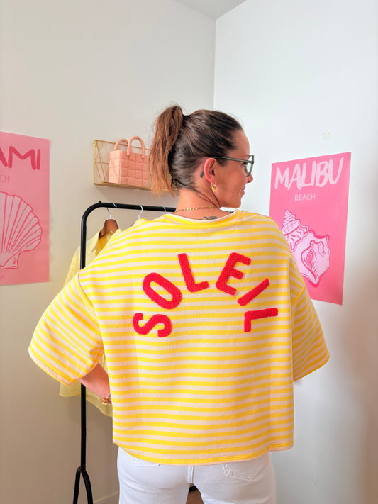 Marinière "Soleil" – Top Rayé Jaune & Beige à Épaules Tombantes