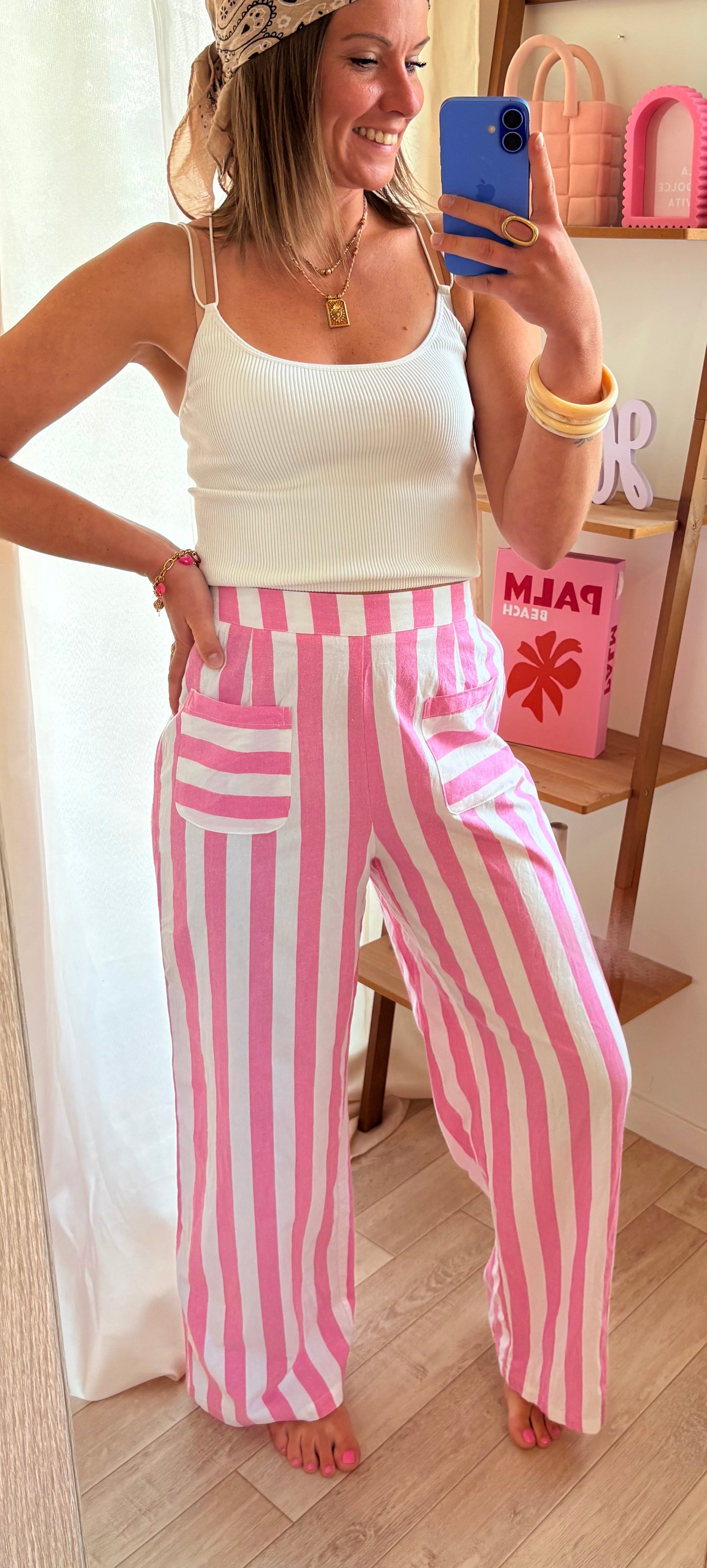 Pantalon rayé rose
