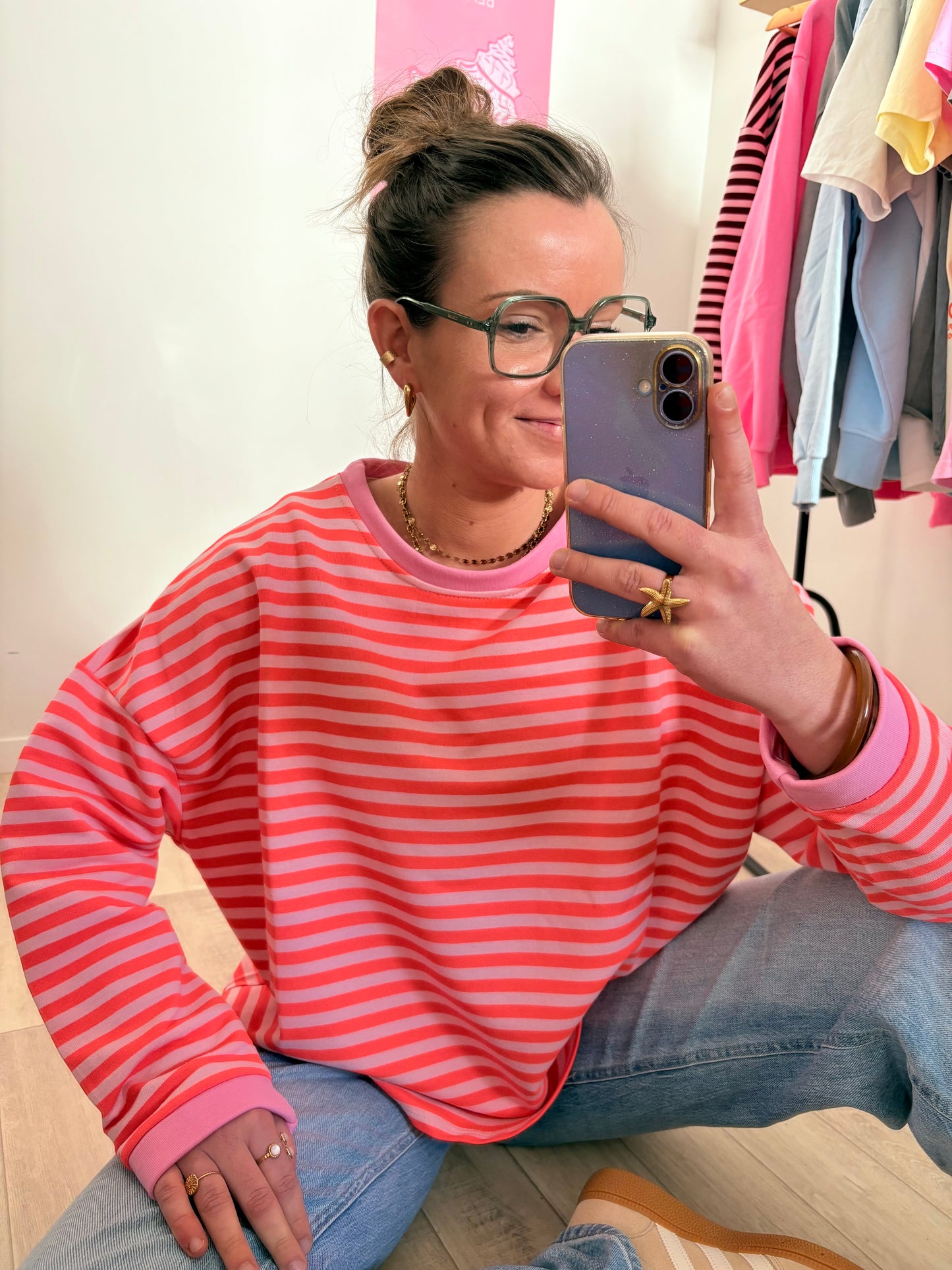 Sweat-shirt à Rayures Rose et Orange Fluo – Look Vitaminé Taille Unique (34 au petit 40)