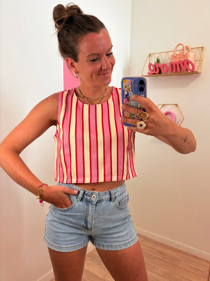 Top à Rayures Multico – Jaune, Rose & Rouge