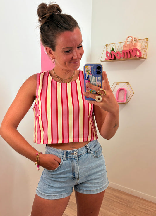 Top à Rayures Multico – Jaune, Rose & Rouge