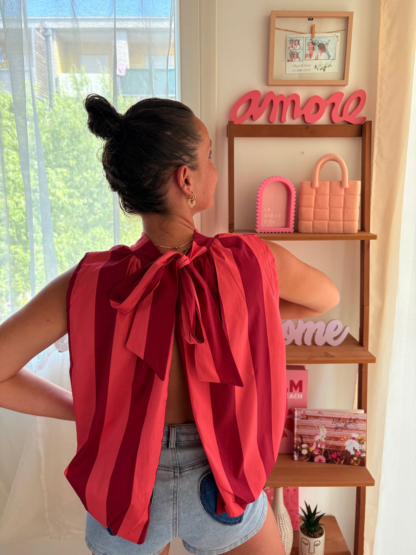 Blouse Dos Nu à Rayures Bordeaux & Rose