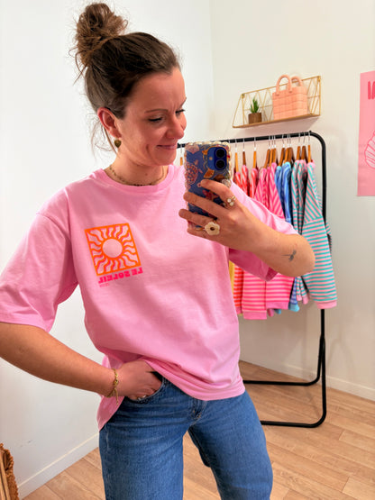 T-shirt "Soleil" Blanc en Pur Coton – Imprimé Rose & Orange & Coupe Loose