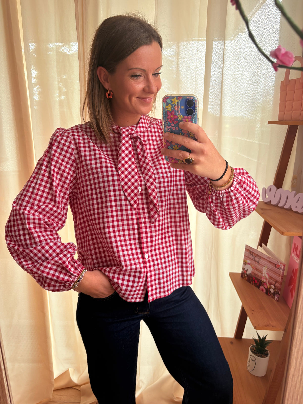 Chemise à Carreaux Vichy Rouge & Blanche – Rubans à Nouer au Cou (S - M - L)