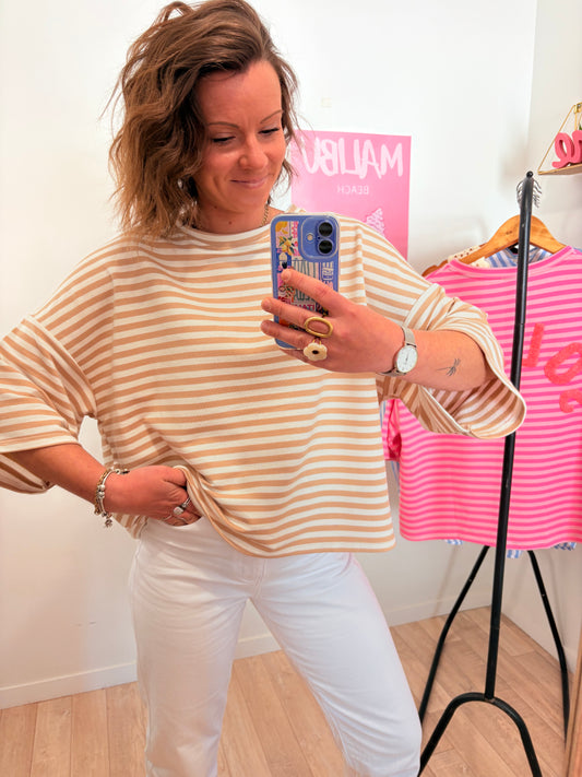 Marinière Oversize camel & blanc - Inscription "Soleil" - 100% Coton
