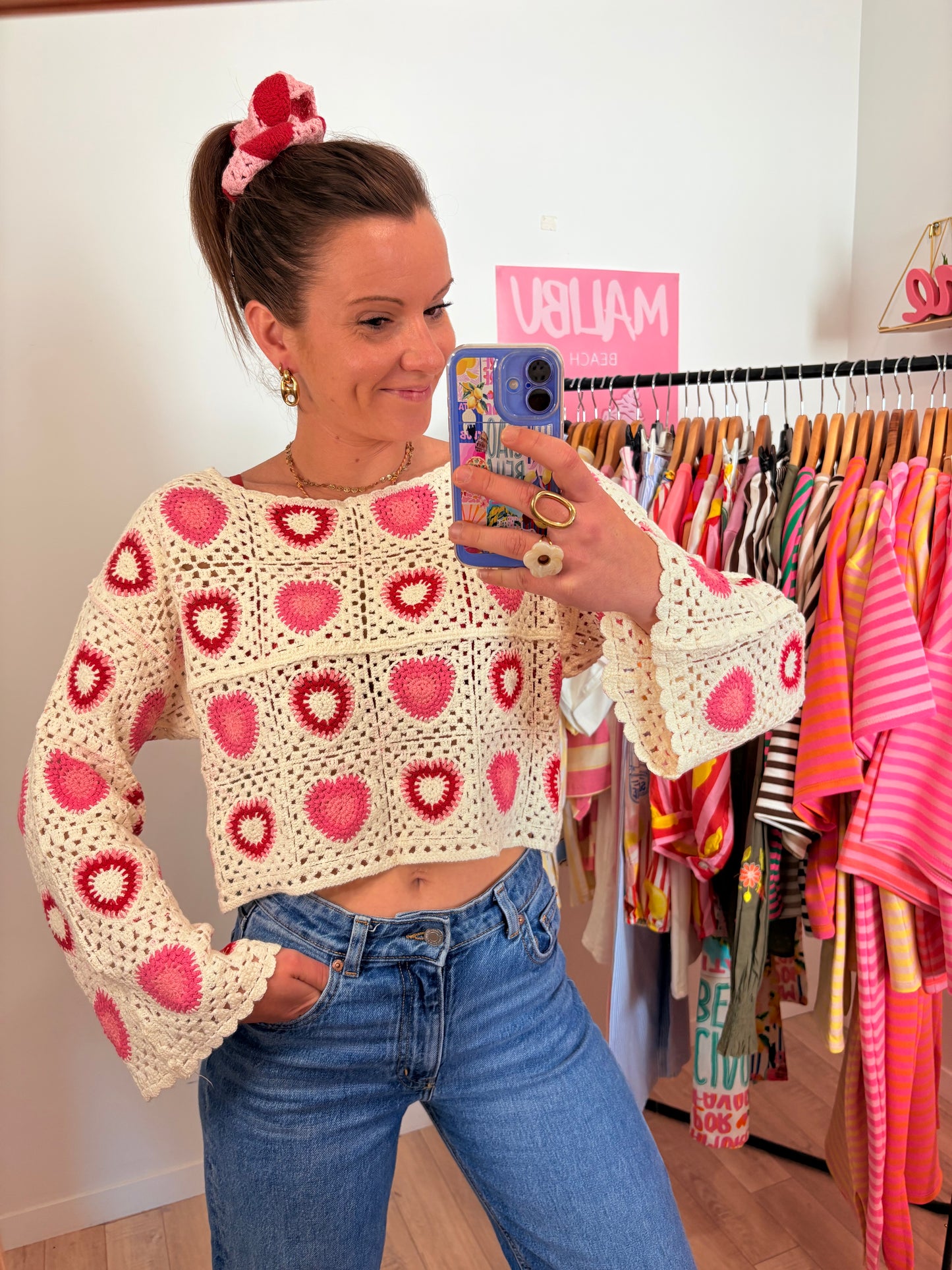 ❤️ Pull en Macramé "Cœurs Passion" – Rose & Rouge