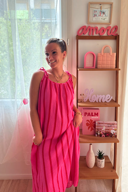 Robe Longue en Gaze de Coton – Rayures Rose & Rouge