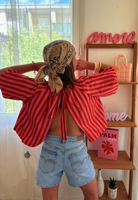 Blouse dos nus à rayures rouille et rose