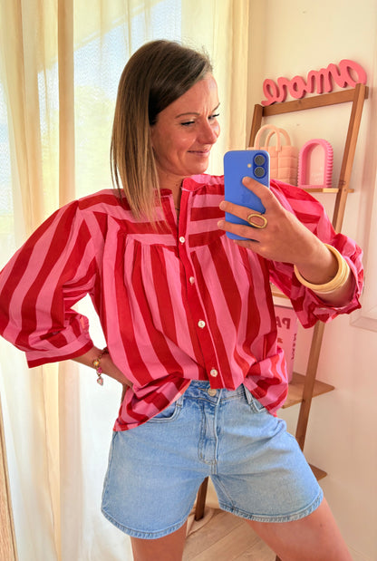 Chemise Légère & Fluide – Rayures Rouge & Rose