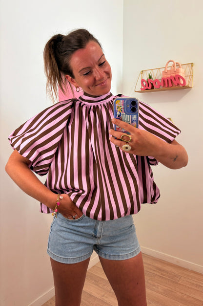Blouse Dos Nu à Rayures – Rose & Marron