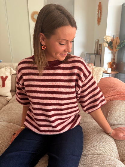 Pull Rayé Rose & Bordeaux – Manches Coudes en Maille Douce (Taille Unique)