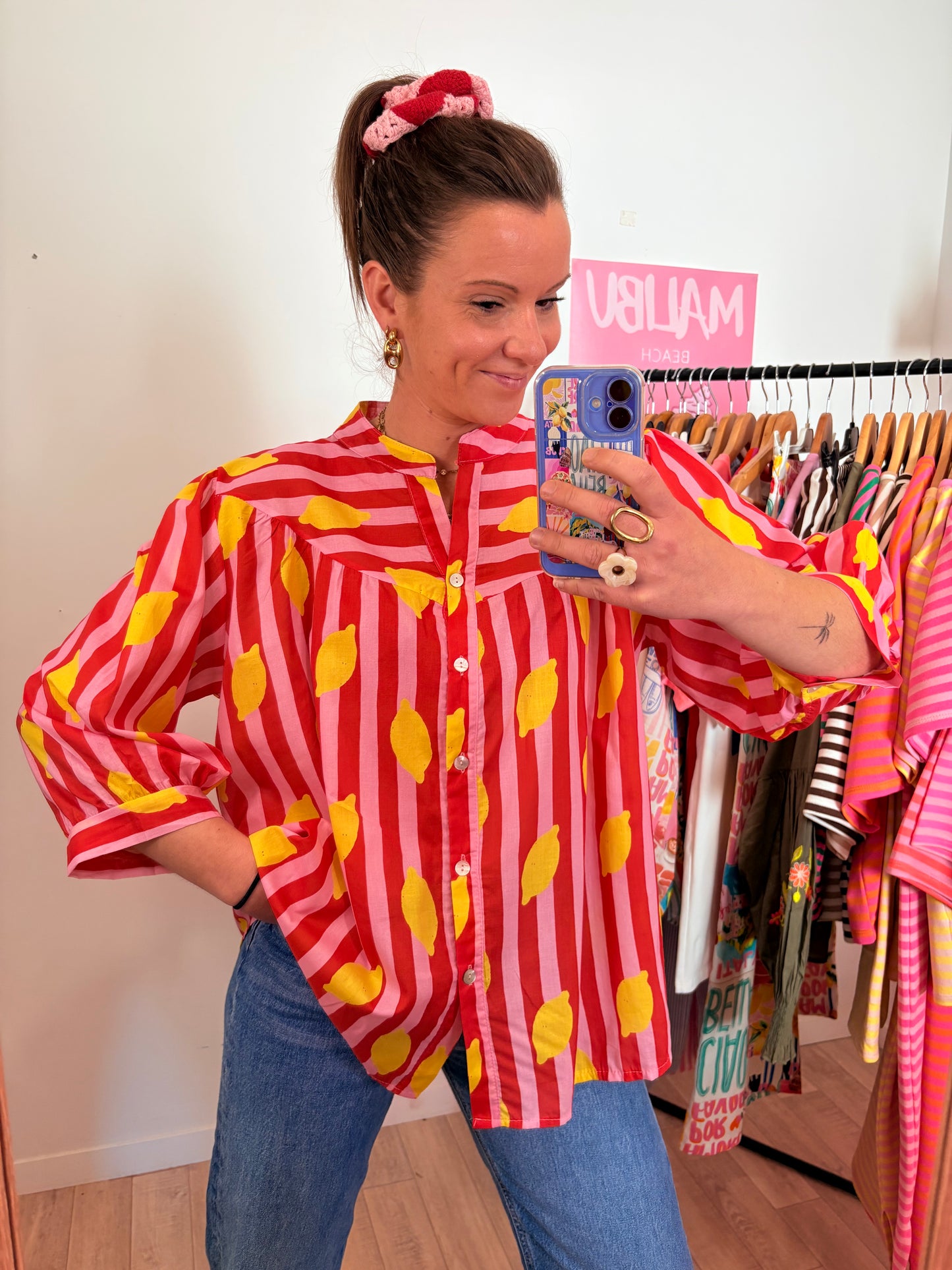 🍋 Chemise Fluide Citron – Rayures Rose & Rouge