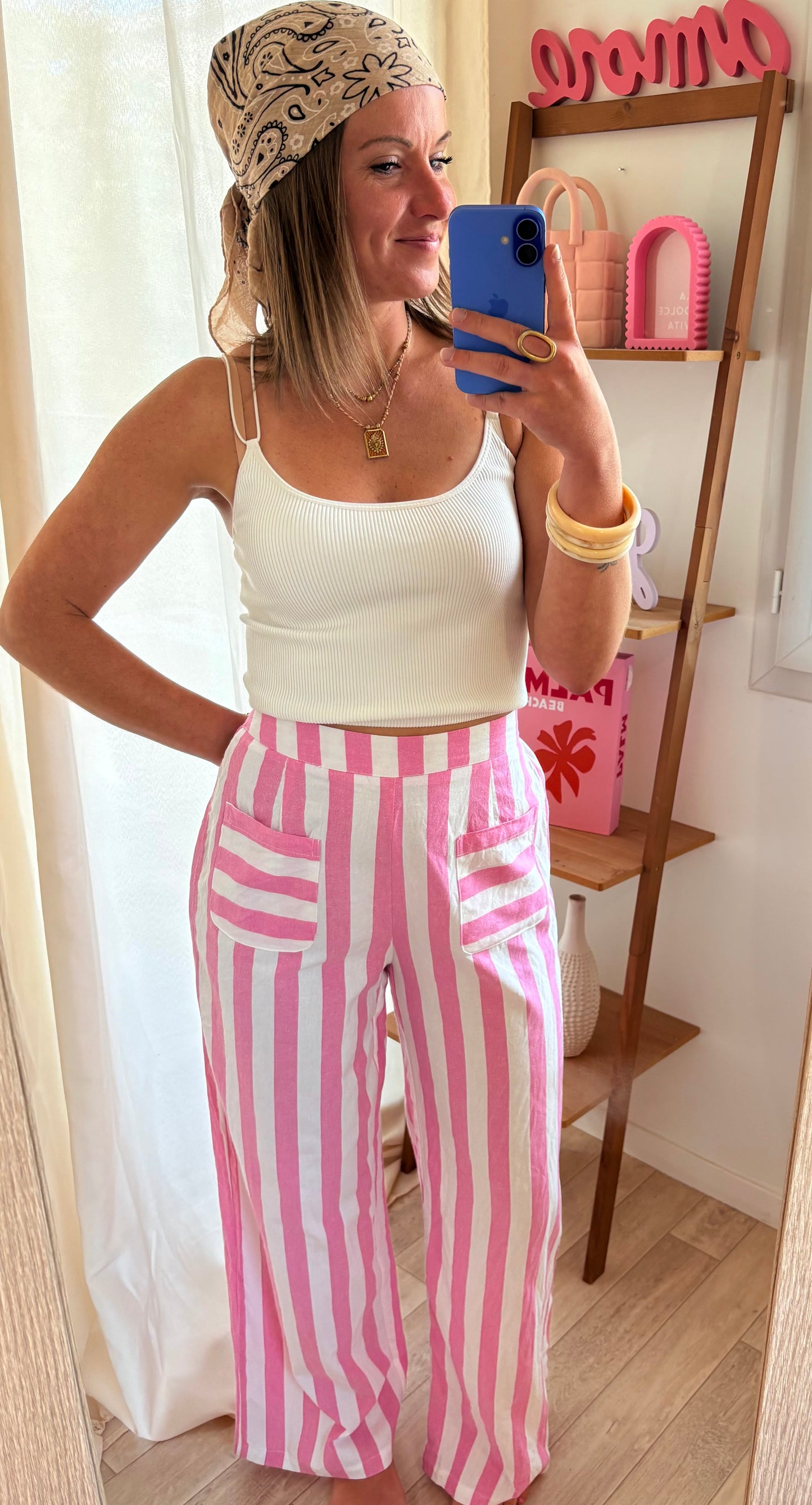 Pantalon rayé rose
