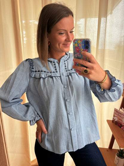 Blouse Rayée Bleue à Broderies Bleu Marine – 100% Coton