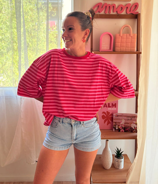T-shirt marinière rose et rouge