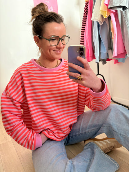 Sweat-shirt à Rayures Rose et Orange Fluo – Look Vitaminé Taille Unique (34 au petit 40)