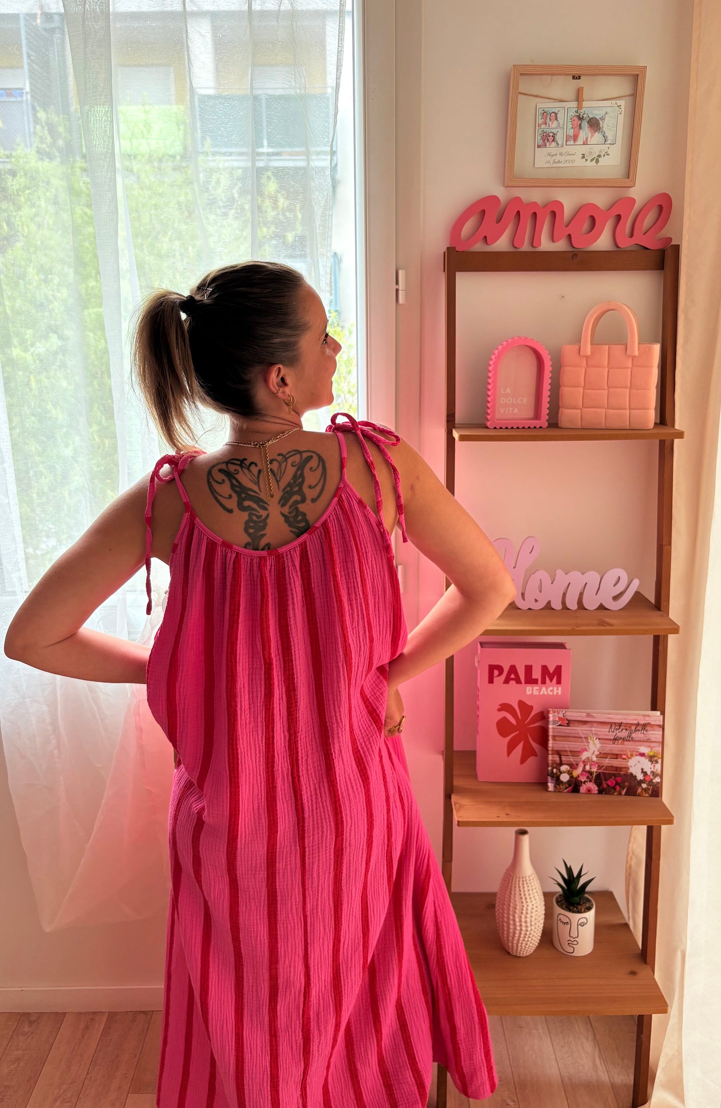 Robe Longue en Gaze de Coton – Rayures Rose & Rouge