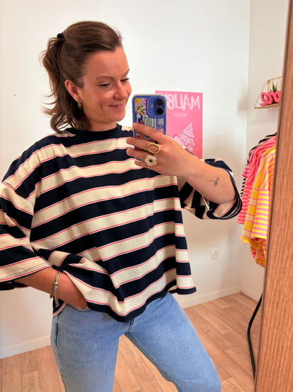 Marinière Loose à Rayures bleu et rose – Dos Ouvert avec Nœud – 100% Coton