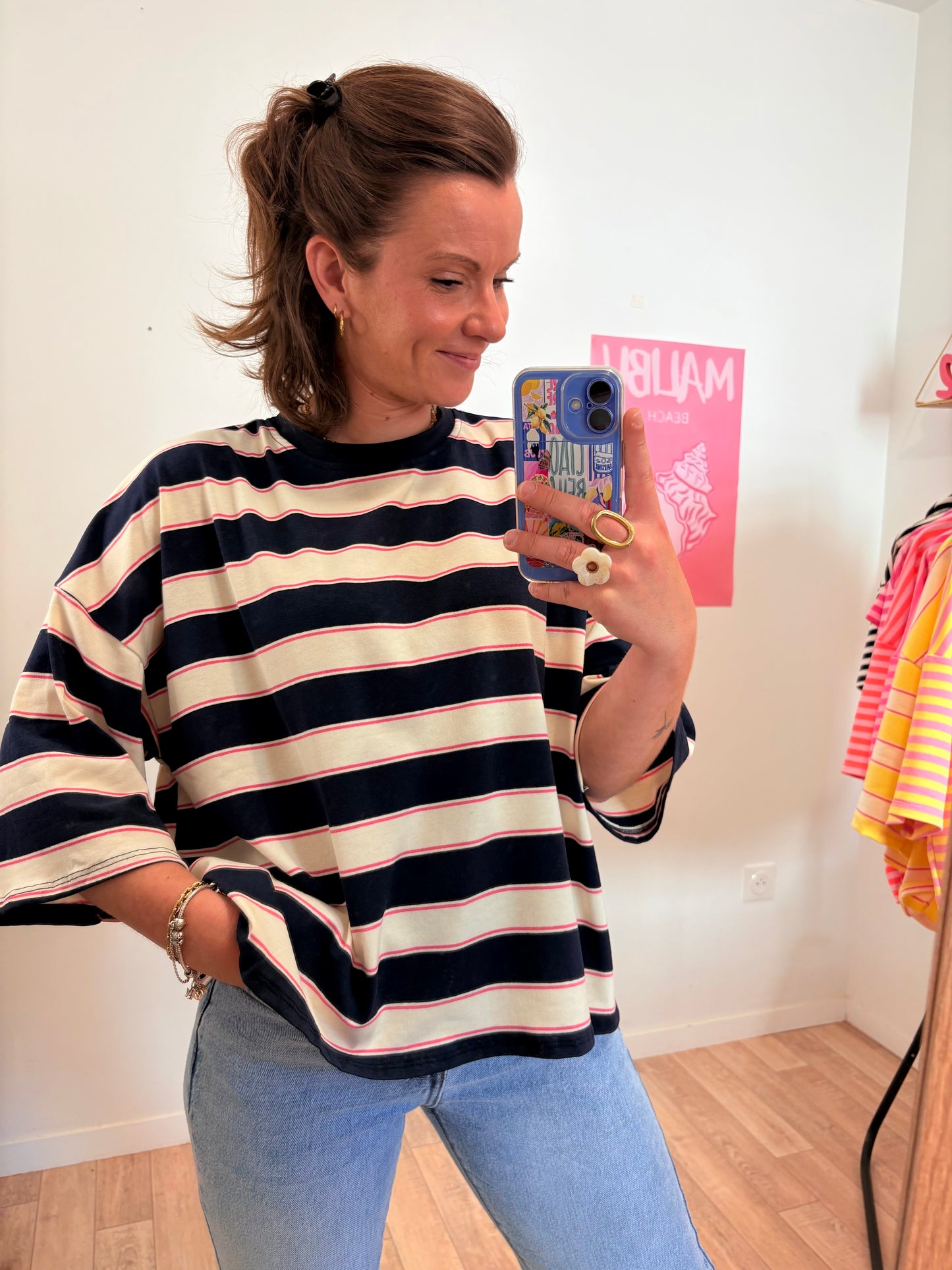 Marinière Loose à Rayures bleu et rose – Dos Ouvert avec Nœud – 100% Coton