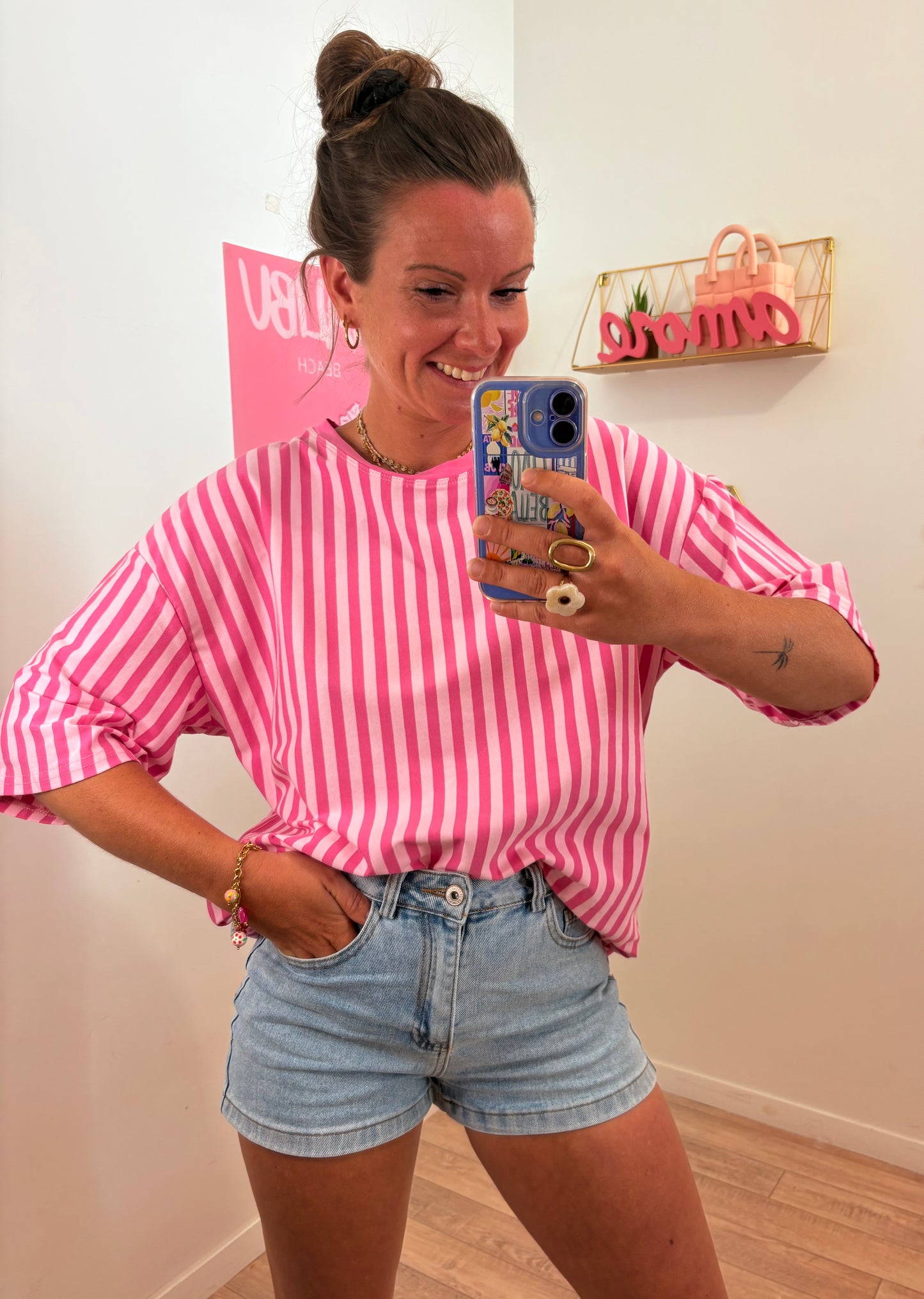 T-shirt Oversize à Rayures Verticales & Dos Cœur – Rose & Rose Clair