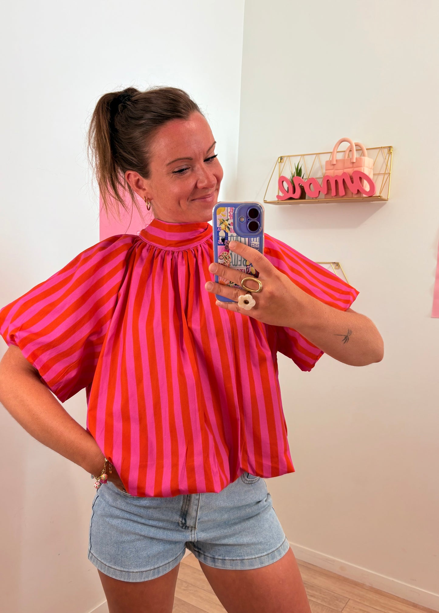Blouse Dos Nu à Rayures – Rose & Orange