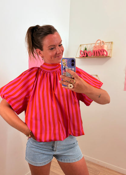 Blouse Dos Nu à Rayures – Rose & Orange