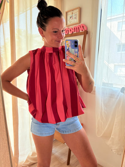 Blouse Dos Nu à Rayures Bordeaux & Rose