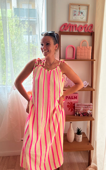 Robe Longue en Gaze de Coton – Rayures Jaune & Rose
