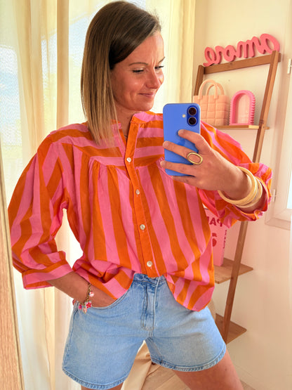 Chemise Légère & Fluide – Rayures Orange & Rose