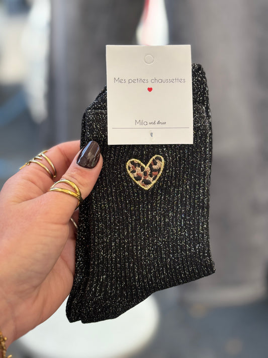 Chaussettes cœur léopard noir
