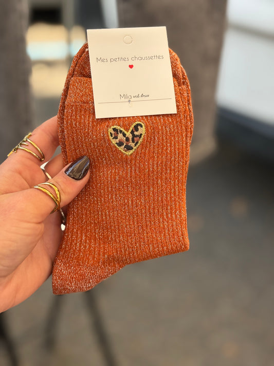Chaussettes cœur léopard rouille
